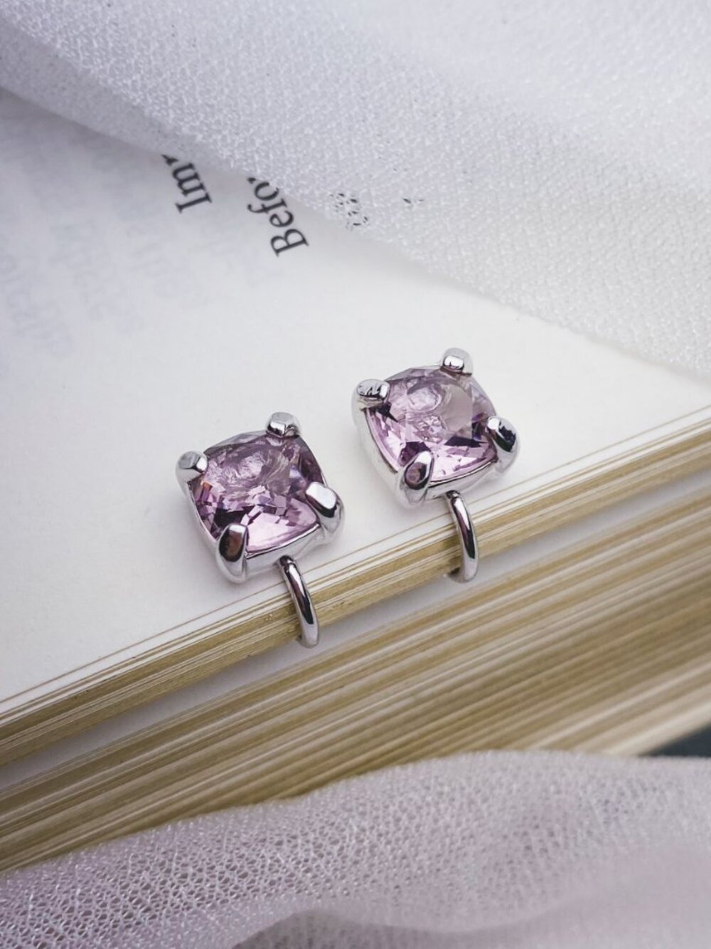 Swarovski 8mm Cushion Cut Square Crystal Pastel Purple Pink Silver Clip Earrings